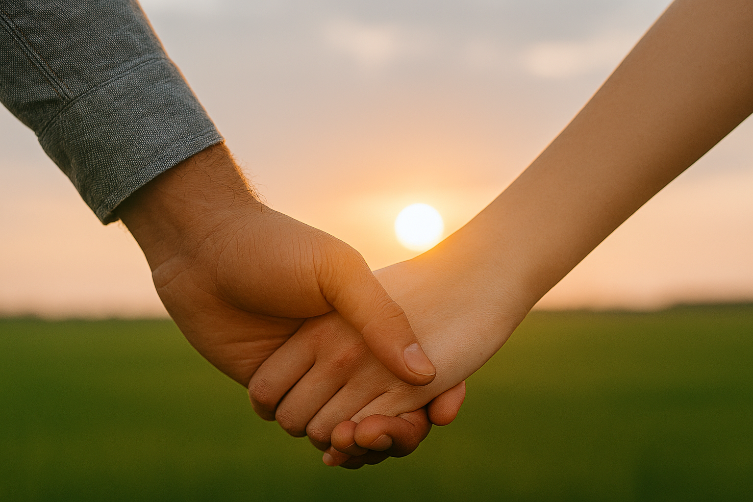 manos sujetándose y de fondo el sol cayendo en un atardecer evocando una pareja