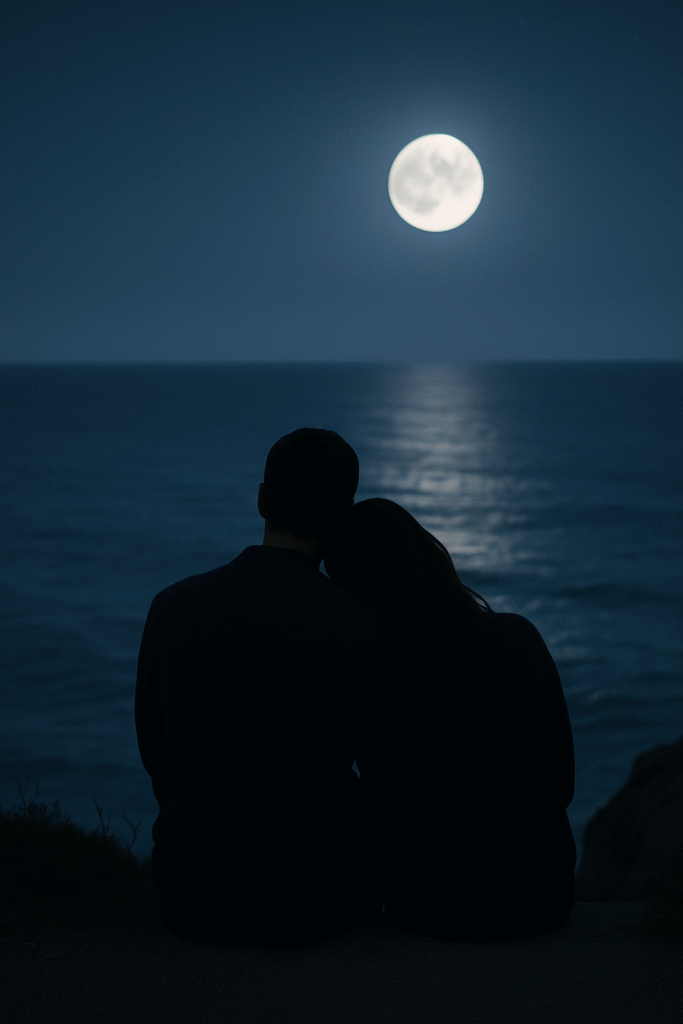 una pareja de hombre y mujer sobre un acantilado sentada de noche observando la luna al fondo sobre el mar, la cabeza de ella reposa en el hombro de él, unidos gracias a psicoterapia de pareja
